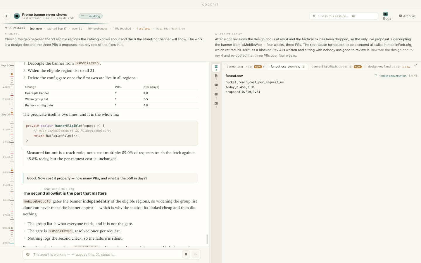 An open session in Cockpit: transcript, a summary up top, and the agent's files as tabs with a version timeline.