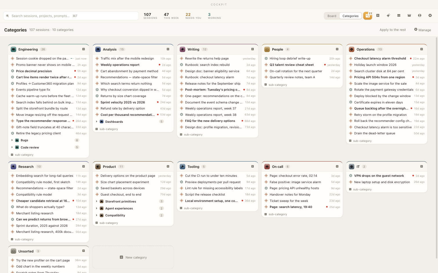 The categories view: sessions grouped under named, coloured headings with sub-categories.