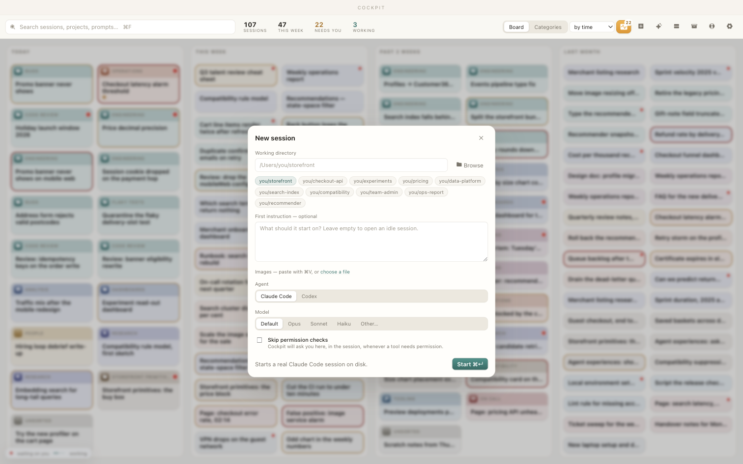 The New session sheet: working directory, recent projects, a first instruction, the agent choice, and a permission checkbox.