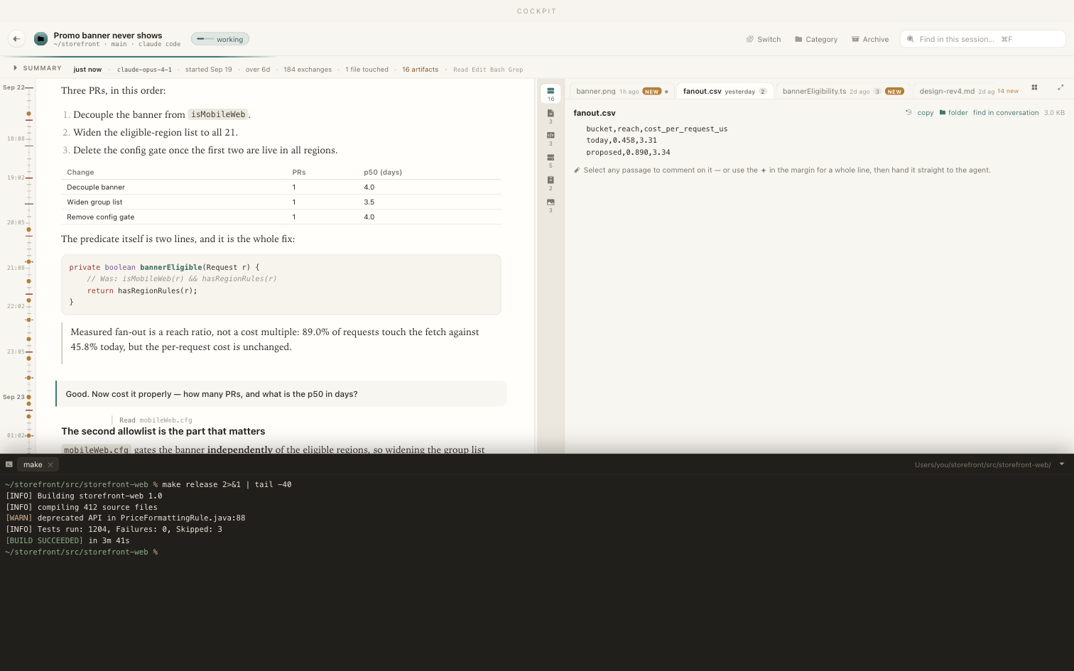 A terminal panel open inside a session, running a command the agent suggested.